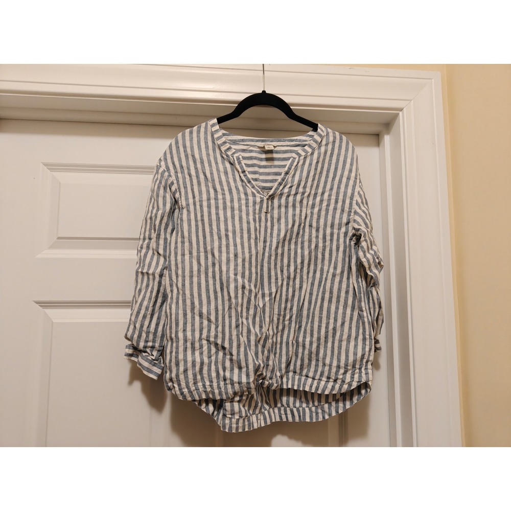 LL Bean Womens Small Blue White Striped 100% Linen Split Neck Blouse‎ 522935